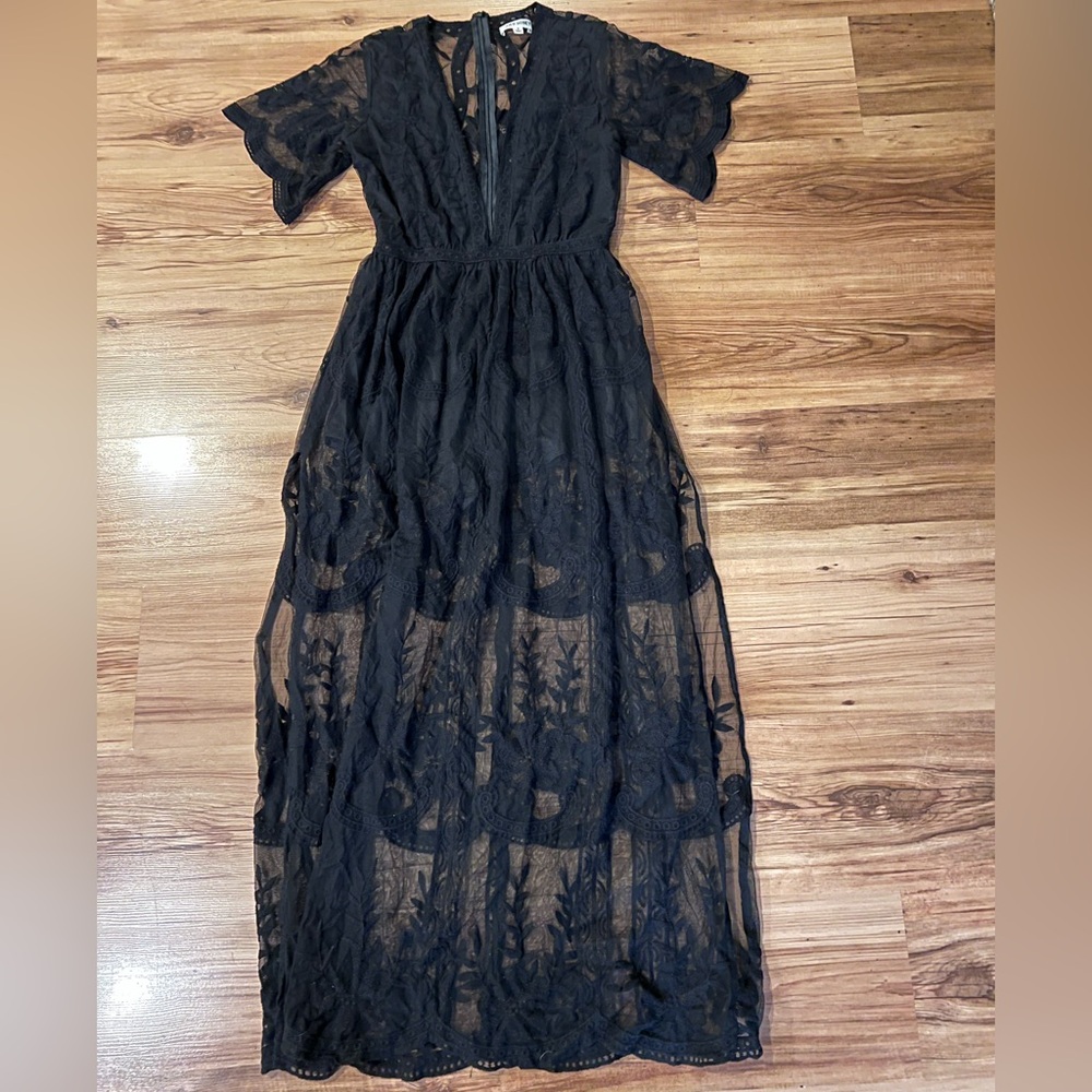 Wild Honey Sheer Black Lace Maxi Dress